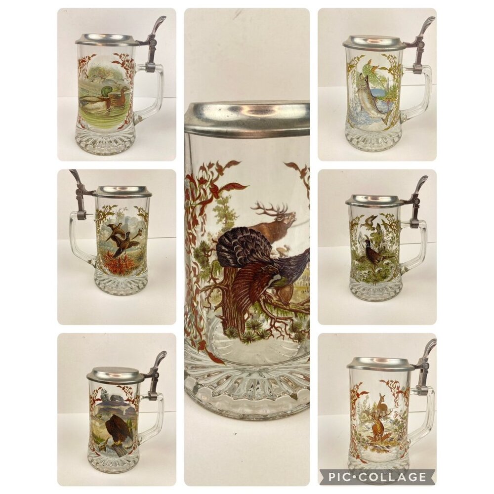 Set of 7 Vtg Glass Beer Stein Silver Top Colored Wildlife Forest Scene 6.5" High